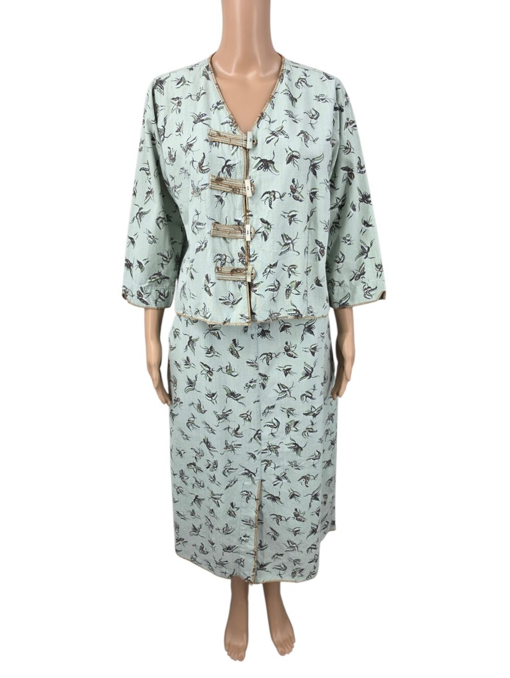 Tribe A People United Light Sage Insect Block Print Cotton Jacket & Skirt Set